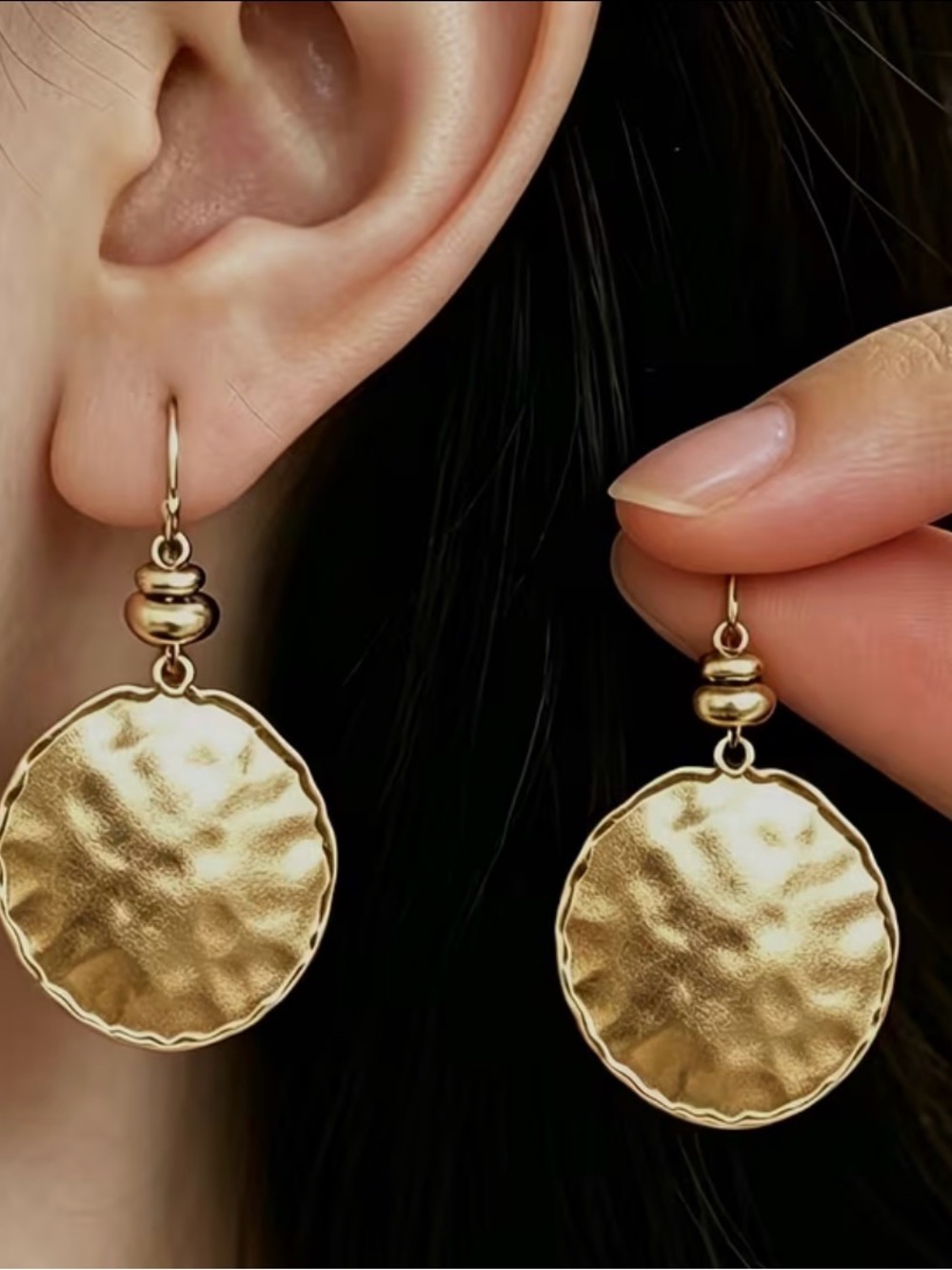 Gold Hammered Disc Drop Earrings - Women Jewelry